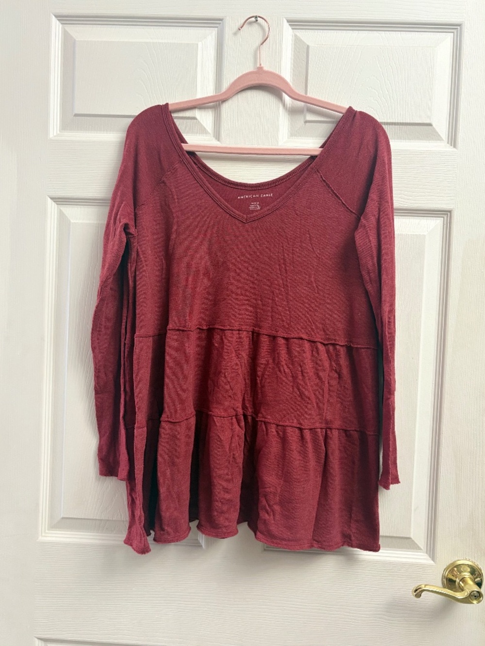 American Eagle Women's Burgundy Flowy Tiered Top